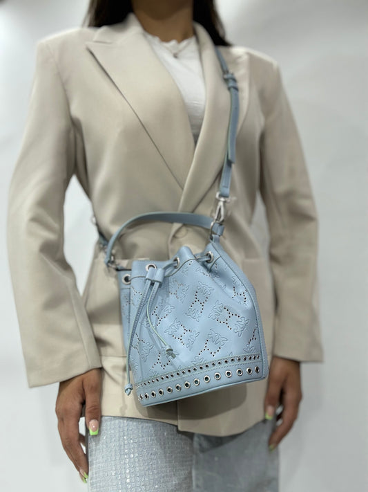 Pinko bag bucket vitello logo embossed light blue